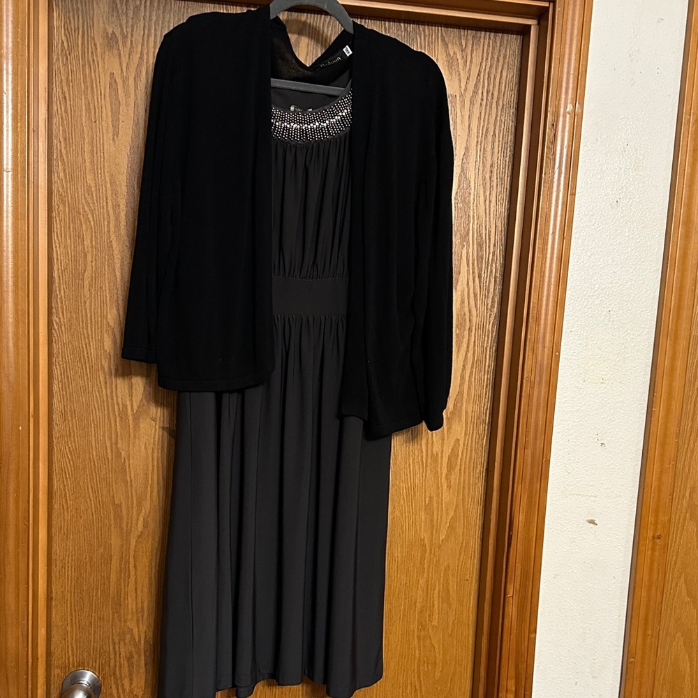 Haani Charcoal Dress with Embellished Neckline and Black Cardigan